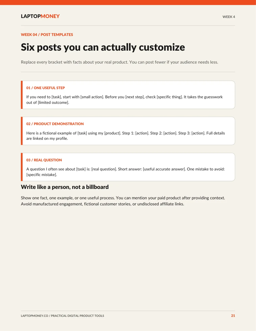 Page 21 of the PDF showing three sample posts