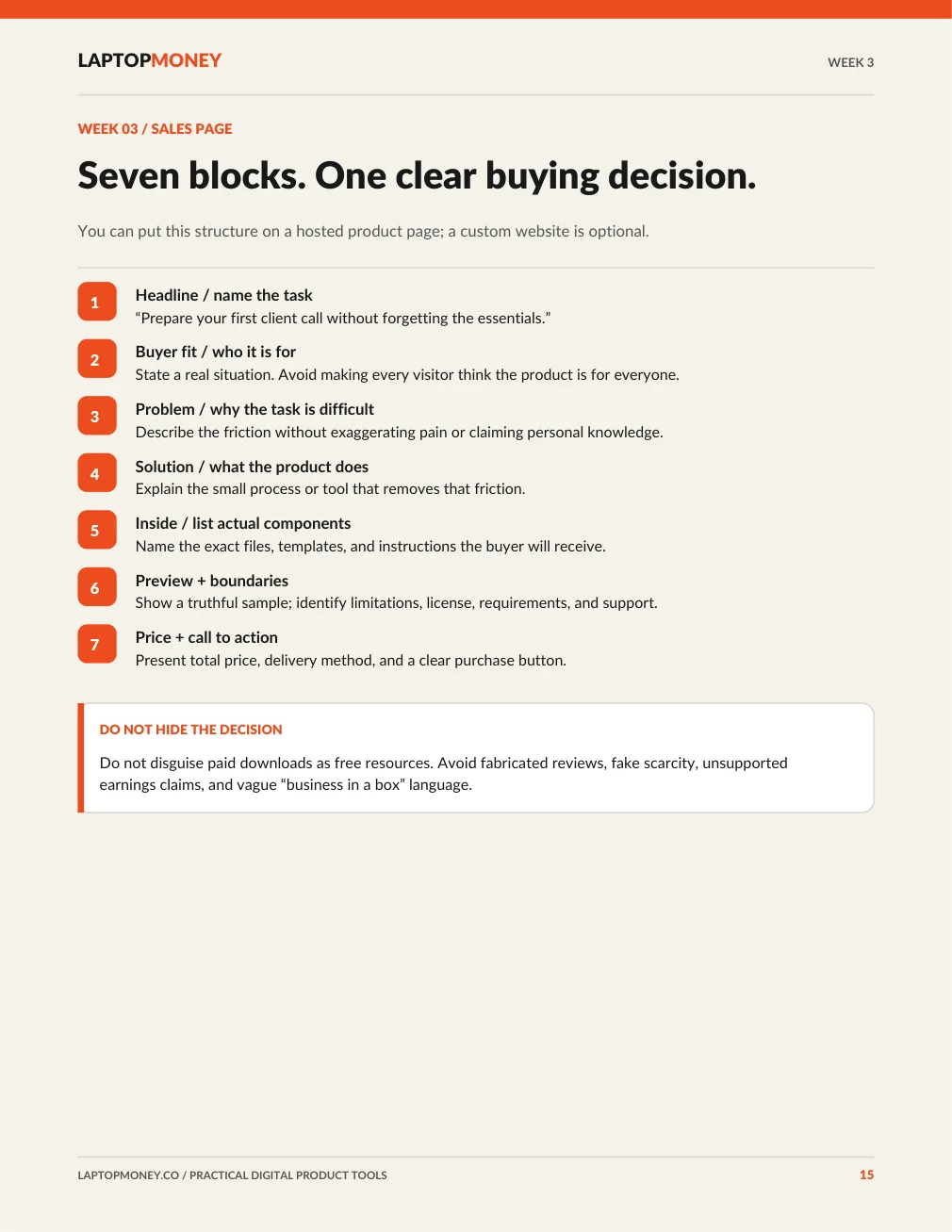 Actual page from the PDF explaining the seven steps of a clear product sales page