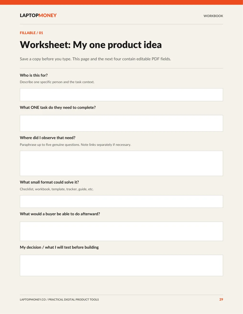 Page 29 of the PDF with a fillable digital product idea worksheet
